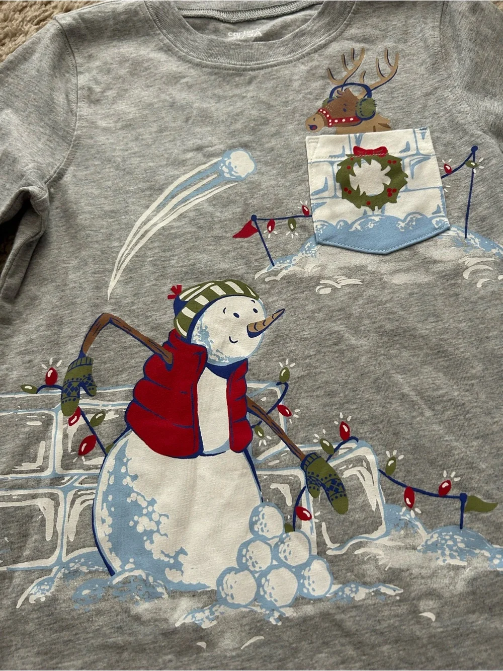Carter's Gray Long Sleeve Snowman Reindeer Christmas Tee Size 5T NWT
